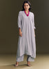 Grey Solid Kurta Pant Set With Pink Beaded Neckpiece