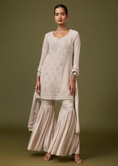 Grey Sweetheart Neck Sharara Suit With Cut Dana And Moti Work