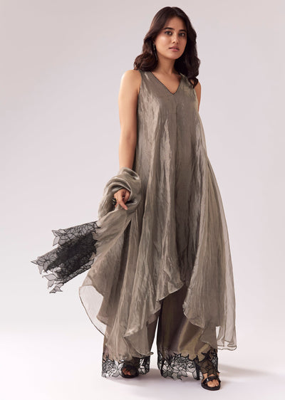 Grey Tissue Anarkali With Beadwork And Patchwork Accents