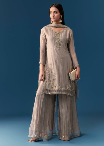 Grey Tissue Palazzo Set With Cut Dana And Sequins Work