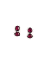 Grey Toned Earrings With Burgundy Semi Precious Stones Edged With Swarovski Crystals