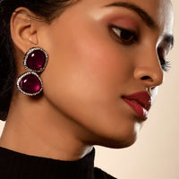 Grey Toned Earrings With Burgundy Semi Precious Stones Edged With Swarovski Crystals
