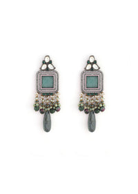 Grey Toned Earrings With Carved Green Stones In Square Shape Along With Green Semi Precious Drops