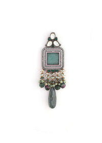 Grey Toned Earrings With Carved Green Stones In Square Shape Along With Green Semi Precious Drops