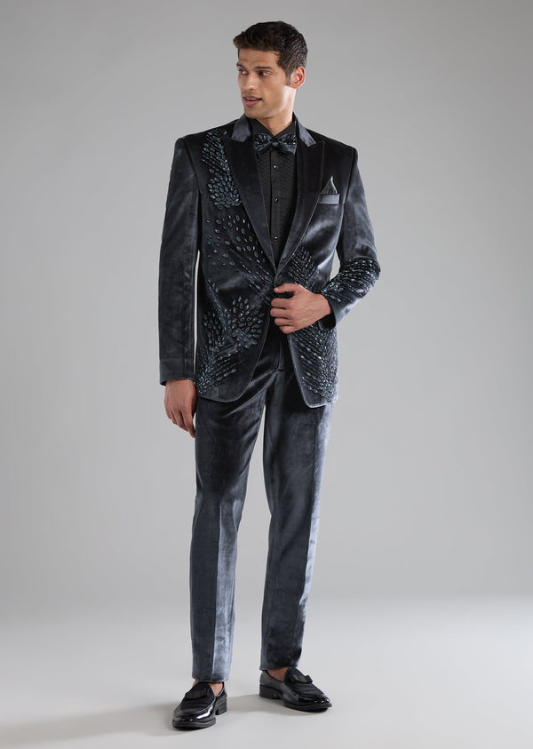 Grey Velvet Tuxedo with Cutdana Work