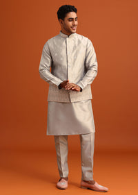 Grey Aari Embroidered Jacket Kurta Set