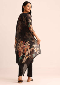 Grey And Black Floral Printed Satin Kurta Set With Dupatta