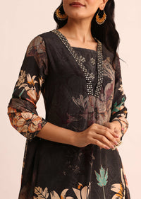 Grey And Black Floral Printed Satin Kurta Set With Dupatta