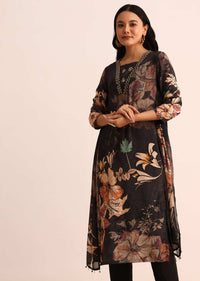 Grey And Black Floral Printed Satin Kurta Set With Dupatta