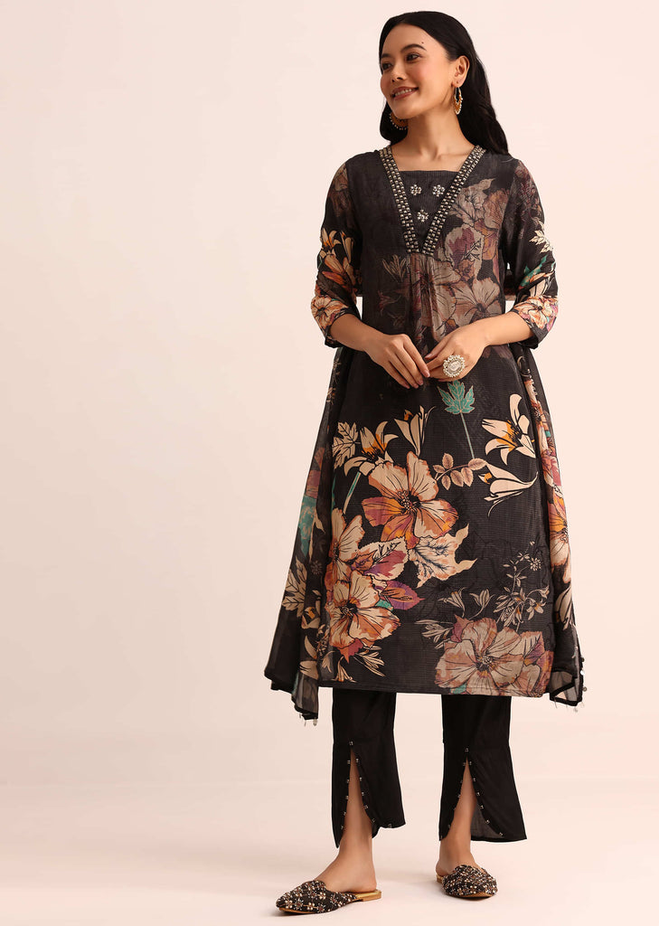 Grey And Black Floral Printed Satin Kurta Set With Dupatta