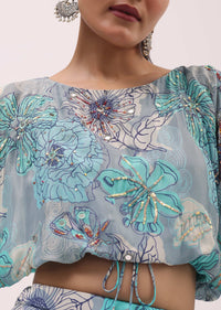 Grey And Blue Printed Chiffon Crop Top And Skirt