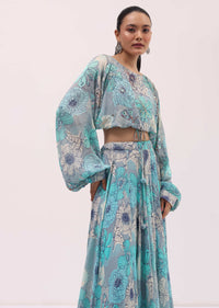 Grey And Blue Printed Chiffon Crop Top And Skirt