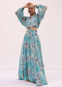 Grey And Blue Printed Chiffon Crop Top And Skirt