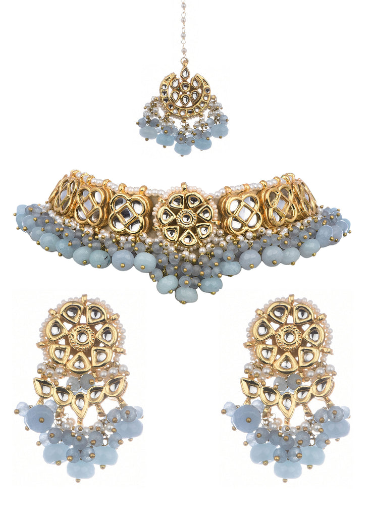Grey And Gold Kundan Choker Set With Stones