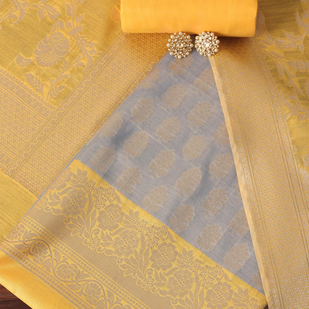 Grey And Gold Yellow Banarasi Silk Woven Dress Material Suit Set Timeless Elegance in Banarasi Print