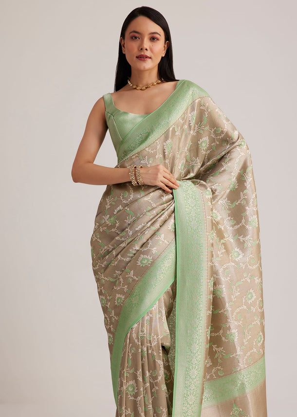 Grey And Light Green Tissue Silk Saree With Floral Jaal Work