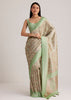 Grey And Light Green Tissue Silk Saree With Floral Jaal Work