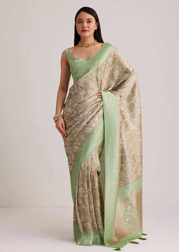 Grey And Light Green Tissue Silk Saree With Floral Jaal Work