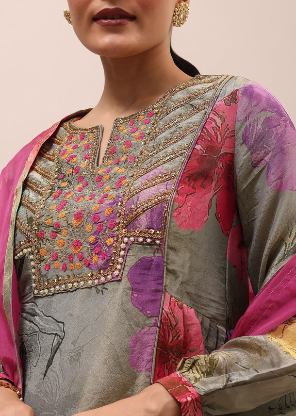 Grey And Pink Embroidered Kurta And Salwar With Dupatta