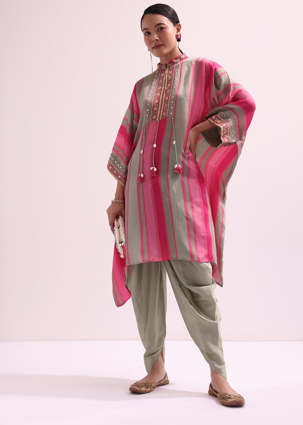 Grey And Pink Embroidered Kurta Dhoti