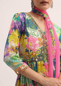 Grey And Pink Printed Chiffon Kurta Sharara Set