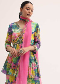 Grey And Pink Printed Chiffon Kurta Sharara Set