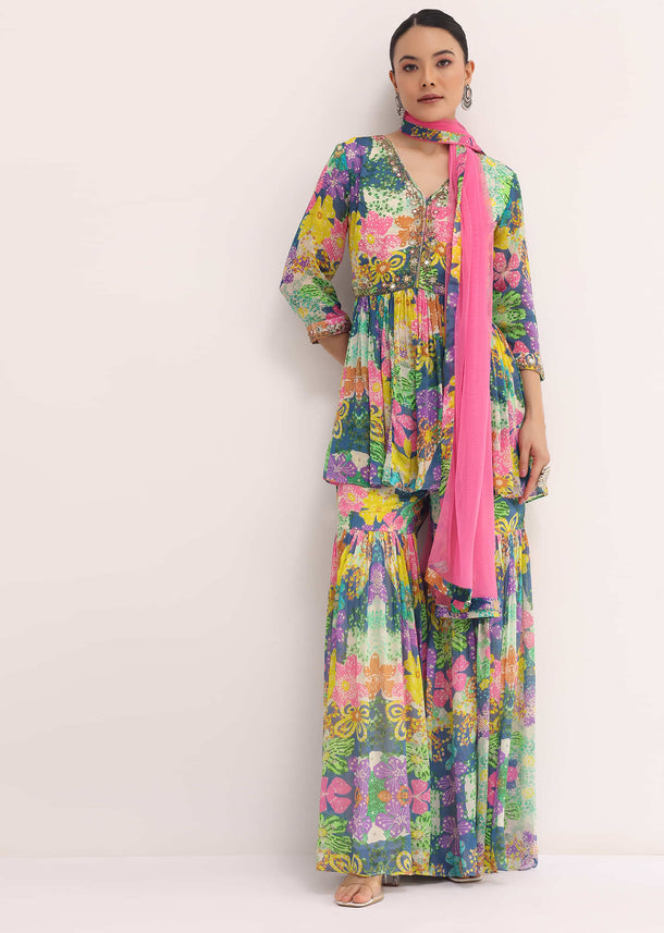 Grey And Pink Printed Chiffon Kurta Sharara Set