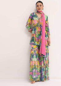 Grey And Pink Printed Chiffon Kurta Sharara Set