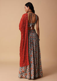 Grey And Red Floral Lehenga With Embroidered Choli And Dupatta