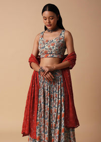 Grey And Red Floral Lehenga With Embroidered Choli And Dupatta