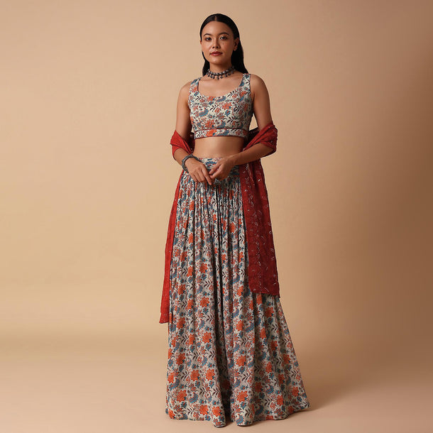 Grey And Red Floral Lehenga With Embroidered Choli And Dupatta