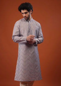 Grey Art Silk Kurta Set With Sequins And Threadwork