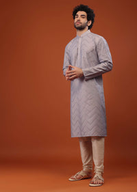 Grey Art Silk Kurta Set With Sequins And Threadwork