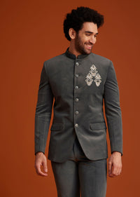 Grey Bandhgala With Embroidered Crest