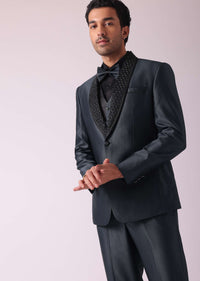 Grey Blazer & Pant Set In Terry Rayon Fabric