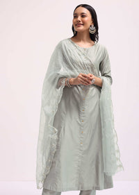 Grey Chanderi Anarkali Set With Dupatta In Sequins
