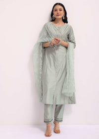 Grey Chanderi Anarkali Set With Dupatta In Sequins