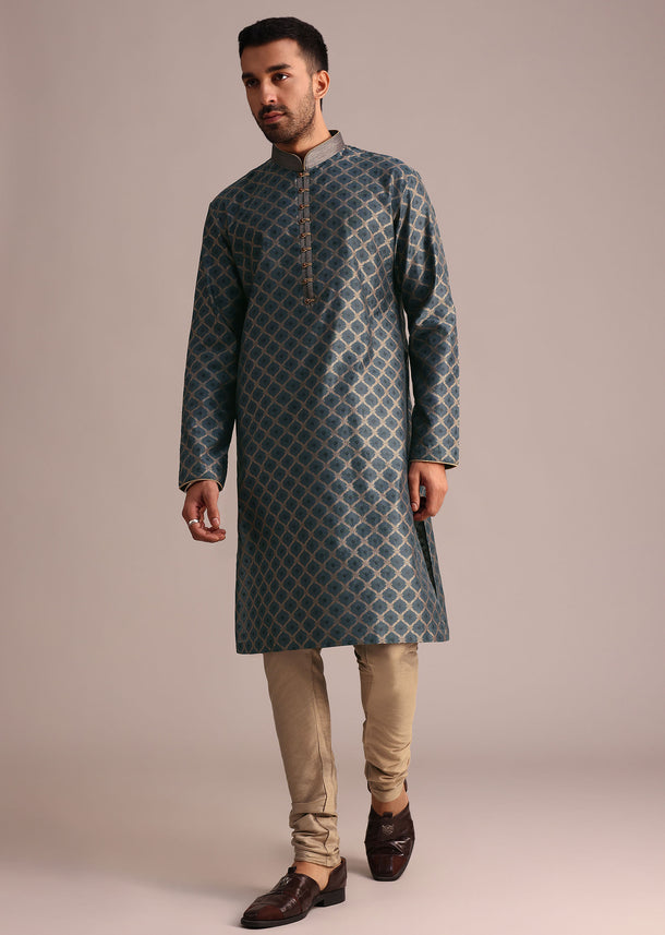 Grey Chanderi Jacquard Embroidered Kurta Set