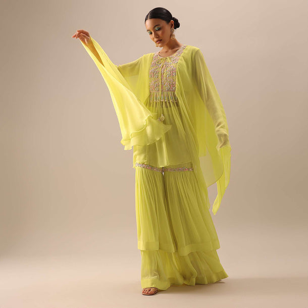 Yellow Asymmetric Hem Kaftan And Sharara Set