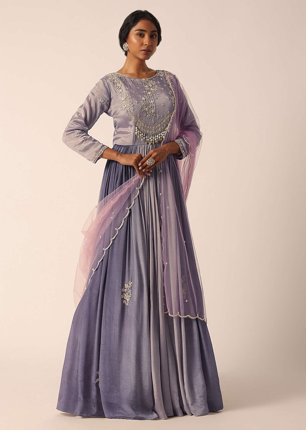 Grey Chiffon Anarkali Set With Pearl Work