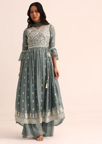 Grey Chinon Kurta Palazzo With Dupatta In Resham Work