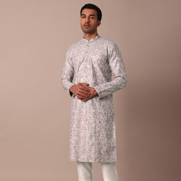 Grey Cotton Floral Embroidered Kurta Set