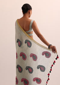 Grey Cotton Linen Saree With Thread Work And Unstitched Blouse