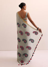 Grey Cotton Linen Saree With Thread Work And Unstitched Blouse