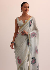 Grey Cotton Linen Saree With Thread Work And Unstitched Blouse