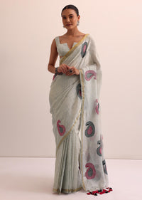 Grey Cotton Linen Saree With Thread Work And Unstitched Blouse