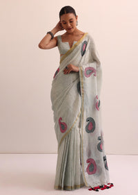 Grey Cotton Linen Saree With Thread Work And Unstitched Blouse