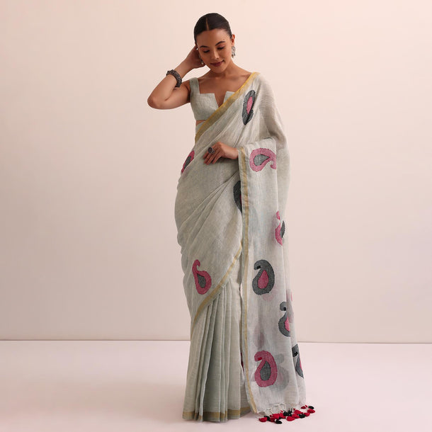 Grey Cotton Linen Saree With Thread Work And Unstitched Blouse