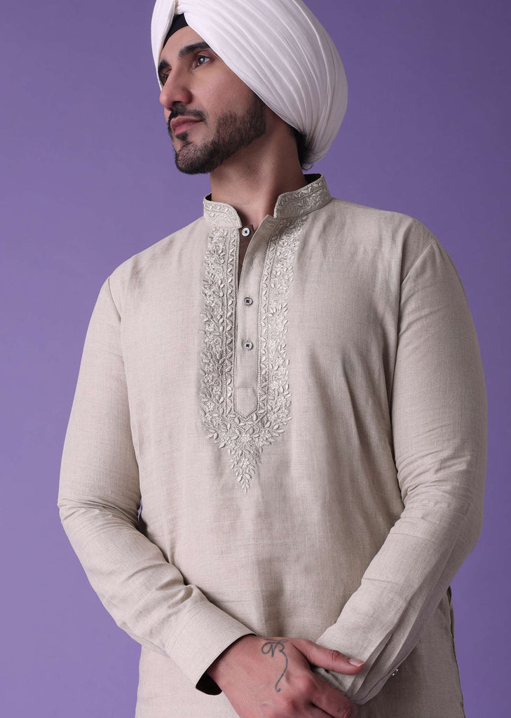 Grey Cotton Silk Kurta With Leather-work