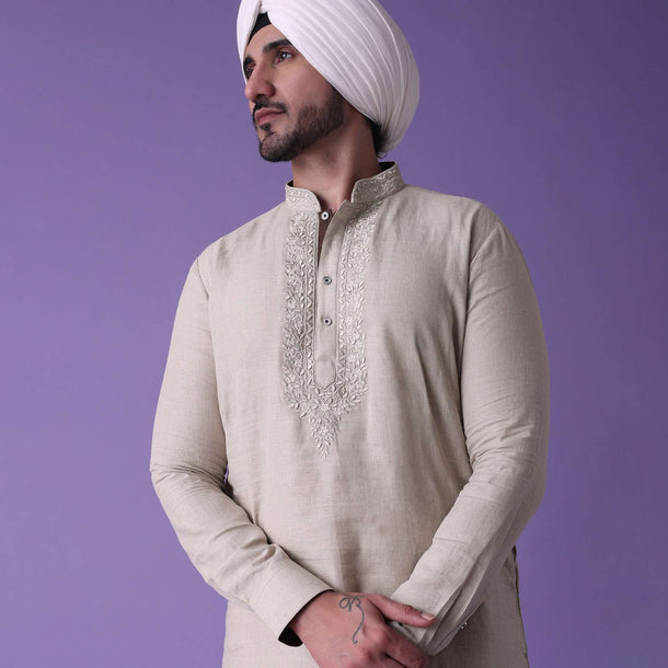 Grey Cotton Silk Kurta With Leather-work